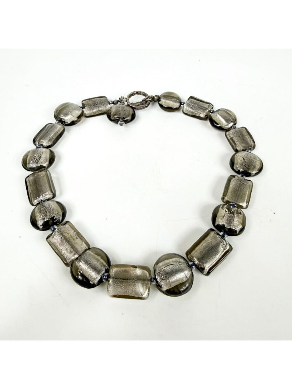 Vintage Art Glass Silver Avventurine Smoky Grey Beaded Chunky Toggle Necklace - Picture 2 of 4